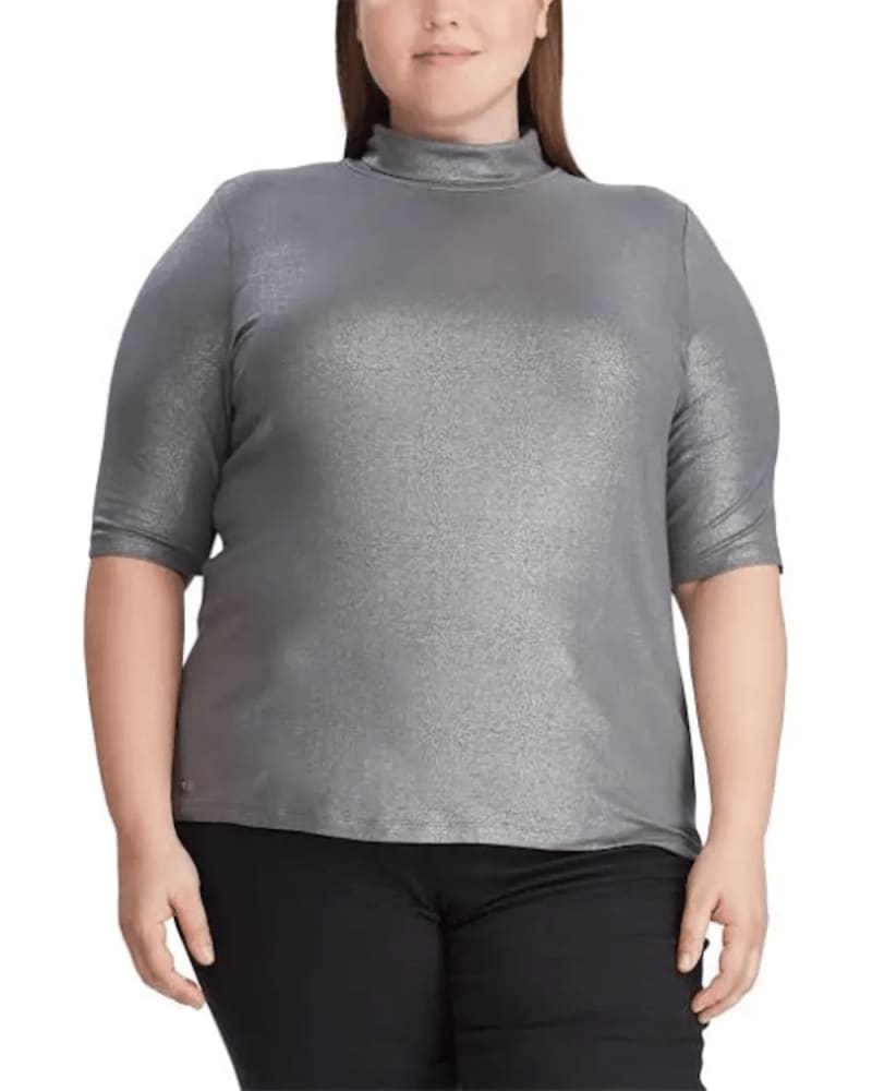 Front of a model wearing a size 1X Ralph Lauren Women's Plus Stretch Turtleneck Top Gray Size 1X in Gray by Ralph Lauren. | dia_product_style_image_id:312046